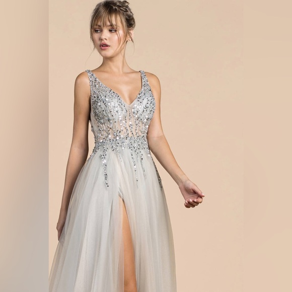 A-Line V Neck Long Grey Tulle Split Prom Party Dresses with Sequins - Picture 5 of 9